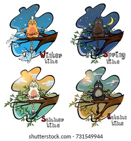 Set of vector images four seasons of the year. Funny cartoon cat meditates on a branch