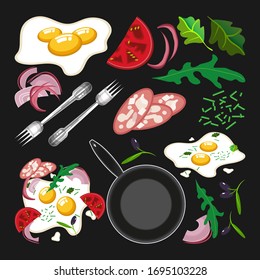 Set of vector images. Fried eggs in different interpretations, tomatoes, onions, lettuce, olives, greens, non-stick pan, cutlery and more. Elements for gastronomic compositions