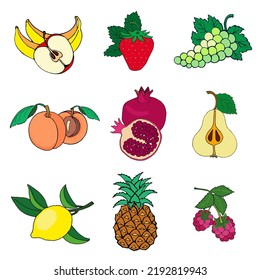 a set of vector images of fruits apple, banana, strawberry, grape, apricot, pomegranate, pear, lemon, pineapple, raspberry, isolates on a white background