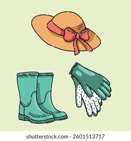 A set of vector images of garden clothes. Bright stickers hat, gloves, boots. Spring planting of the garden harvest. Icon on the background