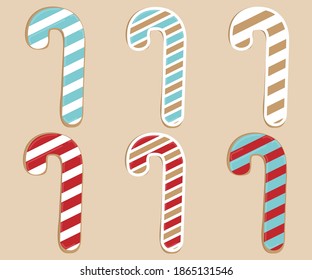 Set of vector images of gingerbread in the form of a Christmas cane. Flat atmospheric image templates for New year and Christmas.