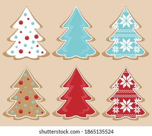 Set of vector images of gingerbread in the form of a Christmas tree. Flat atmospheric image templates for New year and Christmas.