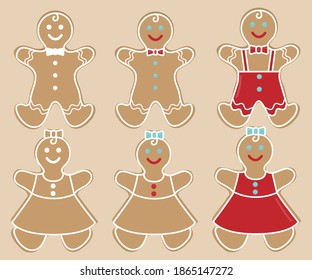 Set of vector images of gingerbread men in red. Flat atmospheric image templates for New year and Christmas.