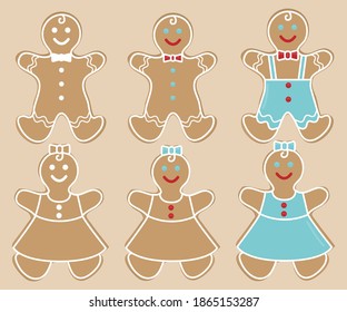 A set of vector images of gingerbread men in blue. Flat atmospheric image templates for New year and Christmas.