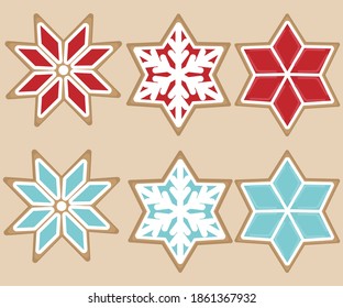 Set of vector images of gingerbread in the shape of snowflakes. Flat atmospheric image templates for new year and Christmas.