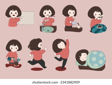 A set of vector images with a girl who does housework, drinks tea and sleeps