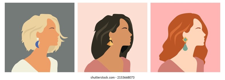 A set of vector images of girls on a colored background of an avatar for social networks. Three blonde girls, brunette, rammering. In different stylish earrings and hairstyles