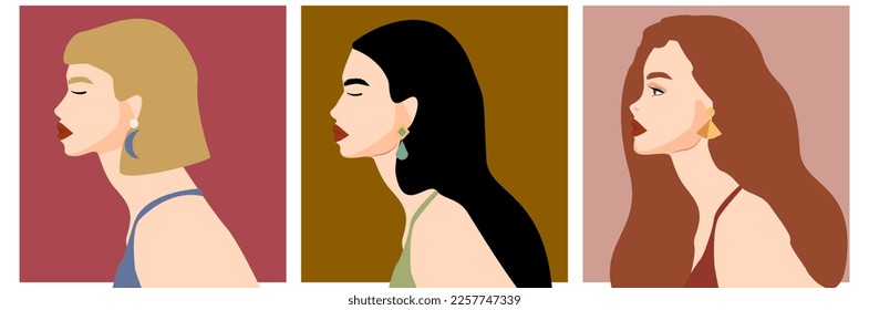 A set of vector images of girls on a colored background of an avatar for social networks. Three blonde girls, brunette, rammering. In different stylish earrings and hairstyles. Stylish look 