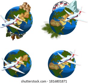 Conjunto de imágenes vectoriales del globo y el avión. El concepto de transporte de carga y carga en todo el planeta. Estilo de caricatura. EPS 10