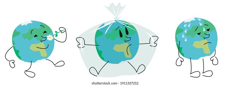 A set of vector images of the globe happy, sad and suffocating in a plastic bag. The concept of environmental disaster and global warming.