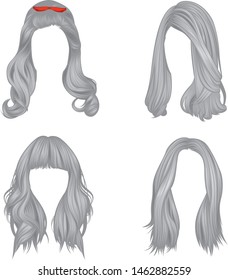 Set of vector images of grey hairstyles For women with long grey hair