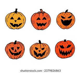 Satz von Vektorbildern. handgezeichnete orangefarbene Halloweenkürbisse. Halloween Kürbisdoodles.