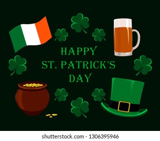 Set of vector images of hat, clay pot, coins, flag, beer mug, clover leaves. congratulations on St. Patrick's Day.