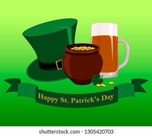 Set of vector images hat, pot of coins, coins, beer mug, clover leaf. Congratulations on the day of St. Patrick.