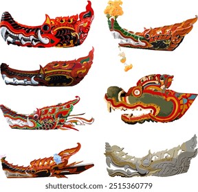 Set of vector images of the head of a racing boat in the shape of  Naga, local pattern, which tradition of Nan Province, northern Thailand. The head of  racing boat in the shape of a Naga vector. Set.