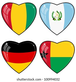 Set of vector images of hearts with the flags of Germany, Guatemala, Guinea, Guinea-Bissau