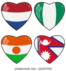 Set of vector images of hearts with the flags of Nepal, Niger, Nigeria, Netherlands