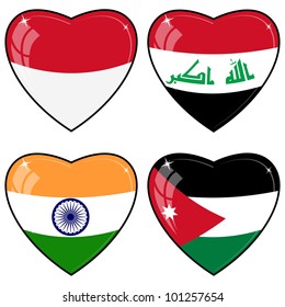 Set of vector images of hearts with the flags of  India, Indonesia, Jordan, Iraq,