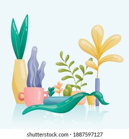 A set of vector images of home plants in pots and vases of various unusual shapes and bright colors. Large and small leaves painted in gradient, cacti.