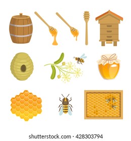 Set of vector images of honey and beekeeping. Vector illustration of jar with honey, honeycomb, honey barrel, beehive, honey dipper, home for bees, linden flower and bee.