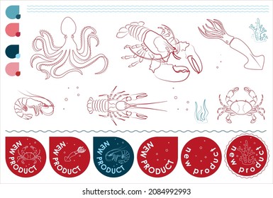 Set of vector images, icons, pictograms, molluscs. New Product. Flyer with graphic silhouettes, seaweed, wave, water. Octopus, lobster, crab, shrimp, squid, cancer.