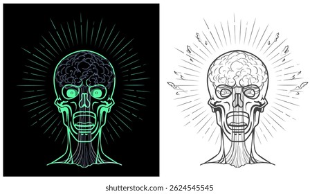 Um conjunto de imagens vetoriais. Uma ilustração. Explosão cerebral. Ataque de informação, guerra, reação. Notícias, pergaminho, caricatura.
