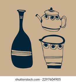 Eine Reihe von Vektorbildern von Artikeln für eine traditionelle orientalische Teeparty. Teekanne, Tasse, Vase. Blau auf beigem Hintergrund. Teekultur. China, Japan. Zeichnungen, Skizze, Tinte. Café, Teeclub. EPS10