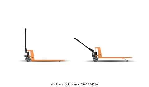 A set of vector images of jacks for moving pallets in the lowered and raised position. Flat vector illustration