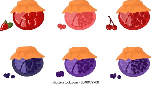 Un conjunto de imágenes vectoriales de jarras con fresa, frambuesa, cereza, grosella negra, arándano y mermelada de moras.
