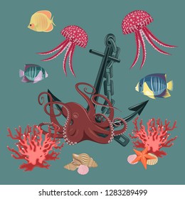 Set of vector images of jellyfish, fish, octopus, corals, seashells, anchors, sea stars on a blue background.