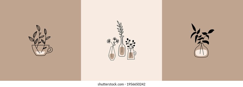 Set of vector images. Logo for businesses in the beauty, health, personal care, natural cosmetics, flower business. Linear illustration of flowers in a vase. Various plants and vases