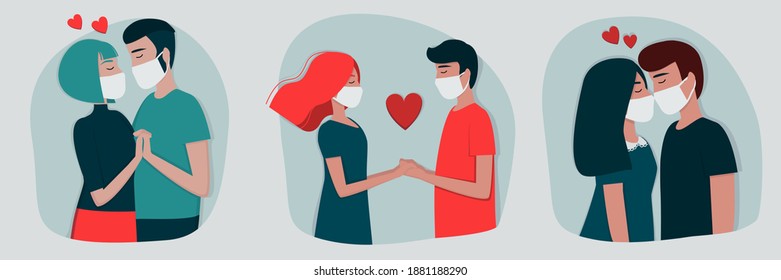 Set of vector images of lovers during the coronavirus pandemic. Responsible young people in protective masks. Flat illustration for Valentine's Day. Template for postcards, banners, and websites.