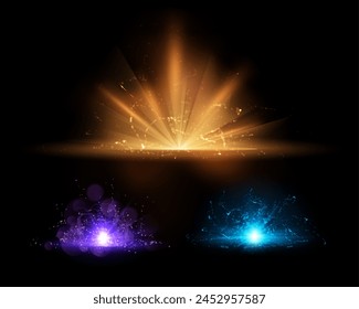 Set of vector images of a magical explosion. Shining light effects in gold, purple and blue with particles, rays and electrical discharges on a black background.