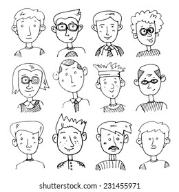 Set of vector  images of male faces in doodle  style. Male characters drawn by hand. Men of different characters and professions - teachers, doctors, students, scientists and others.