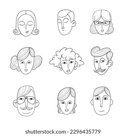 A set of vector images. Male and female faces. Bright set of black and white avatars for your application or website. 