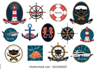 Set of vector images, marine emblems. Lighthouse, yacht, helm, anchor, skull. Design elements for prints, cards, tattoos.
