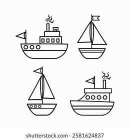 A set of vector images of marine transport in a cartoon style. Vector illustrations of various types: sail, boat, yacht, steamer, highlighted on a white background. Coloring book, design, web banners.