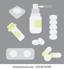A set of vector images of medicines: tablets, spray, packaging with medicines.