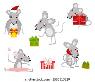 set of vector images of mice, rats for the new year and Christmas, rats with gifts, Christmas trees for the holiday