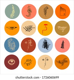 
set of vector images of minimalistic linear patterns in circles personifying the relationship of man and nature