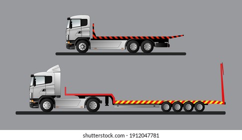 A set of vector images of modern European trucks for the transportation of special equipment. Tow truck. Flat style line art illustration. Side view