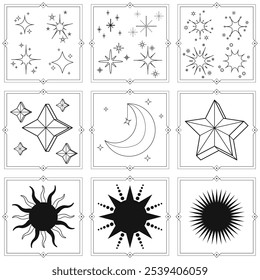 Set of vector images of the moon, sun, and stars isolated on white