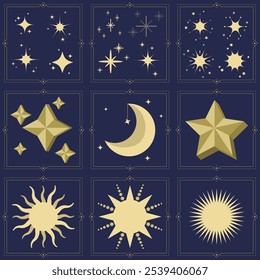 Set of vector images of the moon, sun, and stars