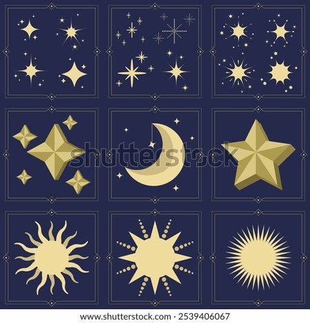 Set of vector images of the moon, sun, and stars