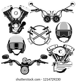 Set of vector images of motorcycle engines, helmet, pistons, moto steering wheels on a white background.