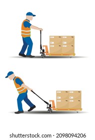 A set of vector images of moving manual hydraulic pallet truck, the worker moves the load. Storage equipment. Flat vector illustration.