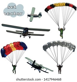  set of vector images of multicolored flying parachutists and small sports aircraft isolated on white background