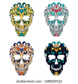 Set of vector images of multicolored skulls. Skulls decorated with floral pattern.