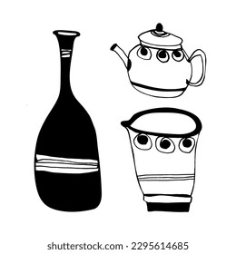 A set of vector images of objects for oriental tea drinking. Teapot, cup, vase. Black on a white background.Tea ceremony. China, Japan. Drawing by hand, sketch, ink. Cafe, tea club, restaurant. Eps10