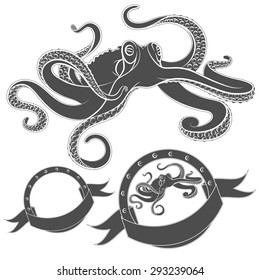 Set of vector images with octopus. Isolated objects on a white background. 